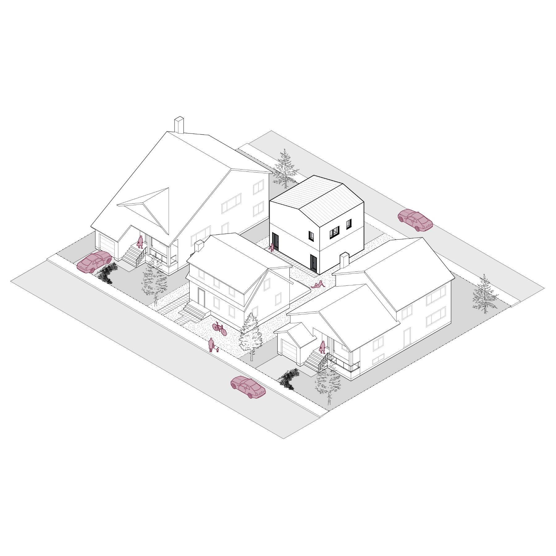 A 3D line rendering of an ADU, which is two-storeys with a garage on the ground floor and a one-bedroom unit on the second floor. The drawing shows the ADU sharing a lot with a single family home. It is also situated between two single family homes on either side, showcasing the seamless integration into a typical residential neighbourhood.